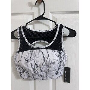 Jessica Simpson THE WARMUP Sports Bra L Marble Print Black White Racerback
